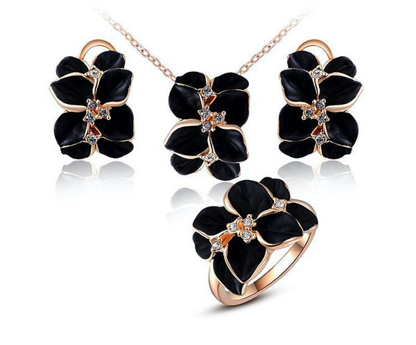 18K Rose Gold Plated Autumn Necklace, Earrings, Ring Set with Simulated Diamond