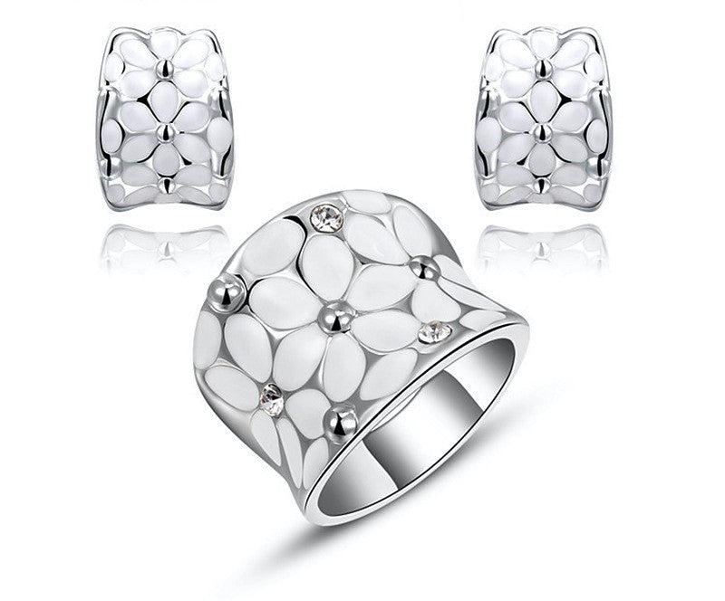 Platinum Plated Mariana Earrings and Ring Set with Simulated Diamond