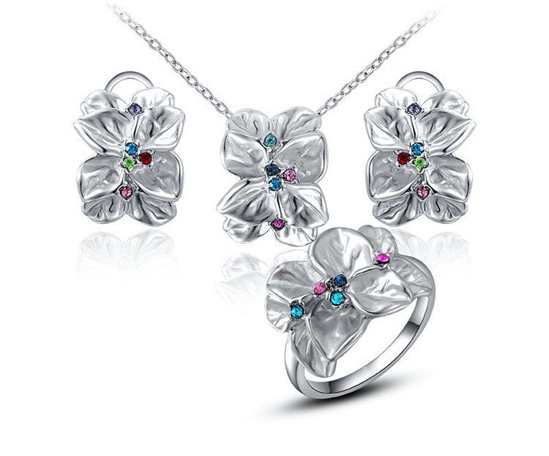 Platinum Plated Vivian Necklace, Earrings, Ring Set with Simulated Diamond